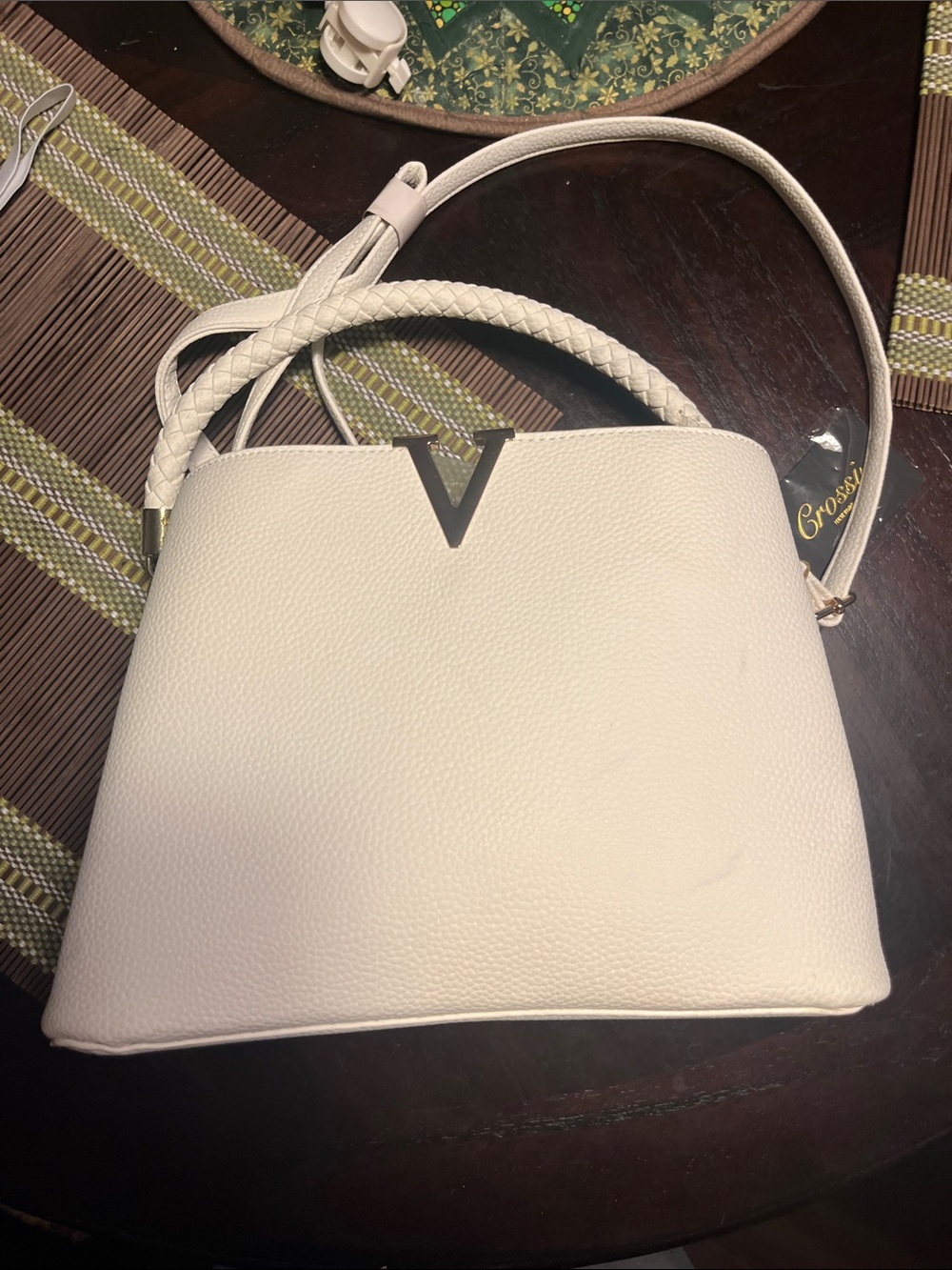 Stylish White Braided-Handle Satchel with V Accent